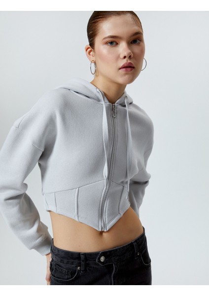 Fermuarlı Crop Sweatshirt Korse Görünümlü
