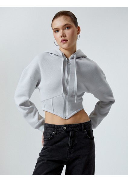 Fermuarlı Crop Sweatshirt Korse Görünümlü