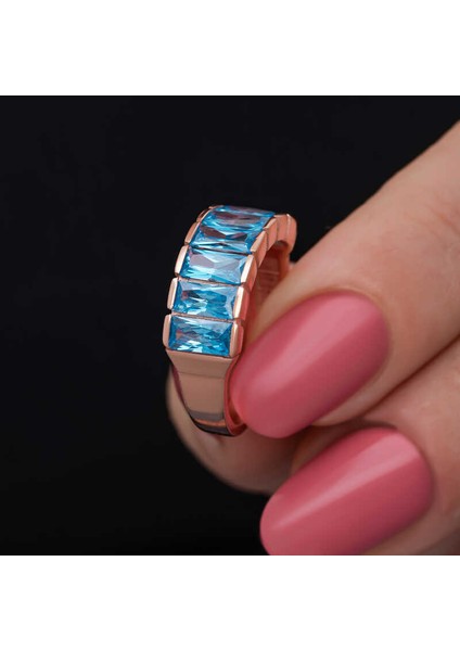 Gümüş Rose Baget Aquamarine Taşlı Kadın Yüzük modelleri