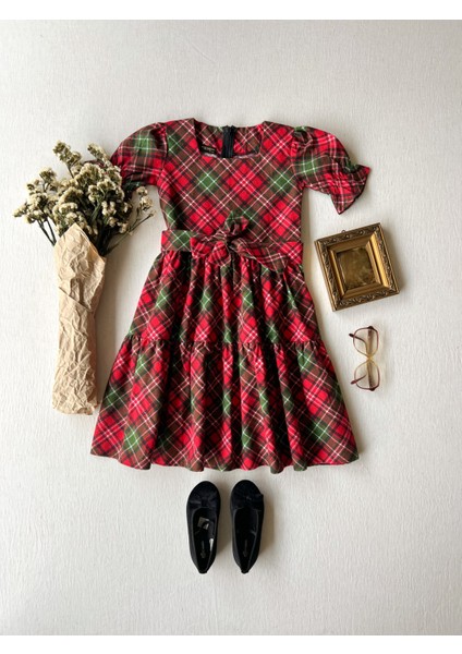 Kırmızı Ekose Kare Yaka Kat Kat Anne-Kız Çocuk Kombin modelleri