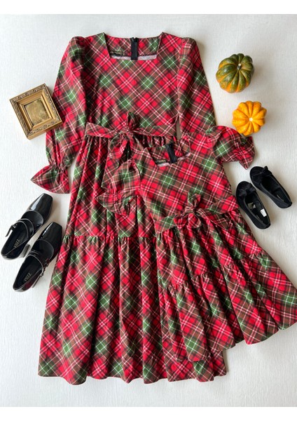 Kırmızı Ekose Kare Yaka Kat Kat Anne-Kız Çocuk Kombin fırsatları