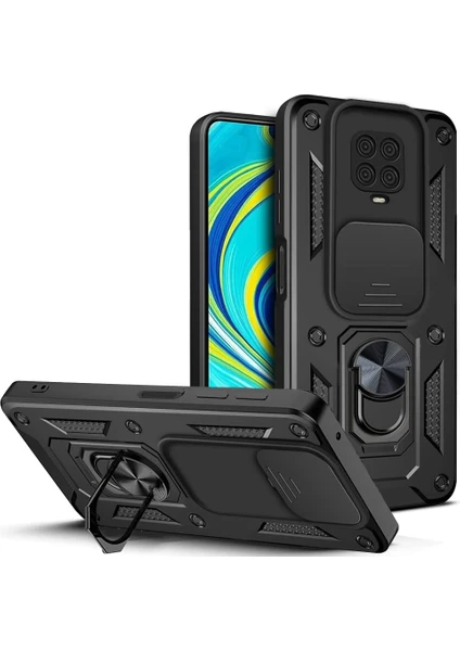 MTK Moveteck Xiaomi Redmi Note 9s / Note 9 Pro Kılıf Kamera Korumalı Sürgülü Yüzüklü Standlı