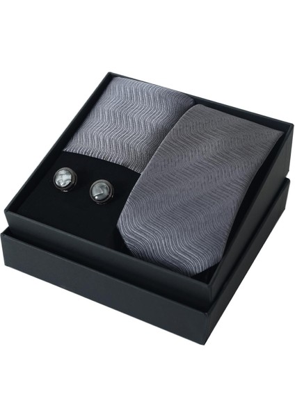 Gri Kol Düğmesi Hand Made Gri Desenli 7.5 cm Kravat Mendil Kutulu Hediye Seti