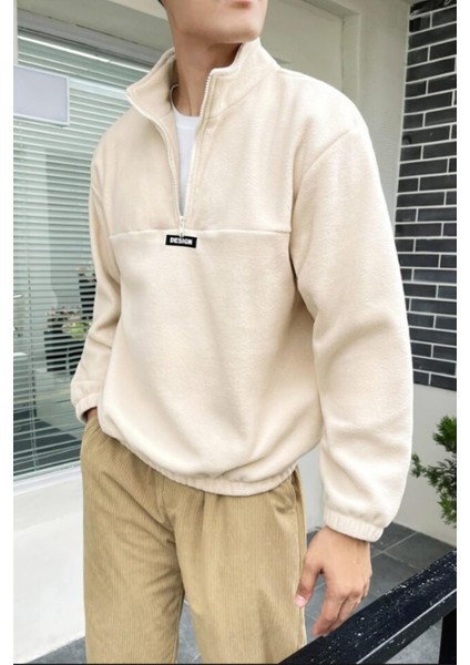 Erkek Oversize Regular Dik Yaka Yarım Fermuarlı Polar Sweatshirt