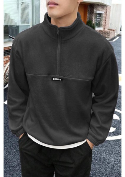Erkek Oversize Regular Dik Yaka Yarım Fermuarlı Polar Sweatshirt