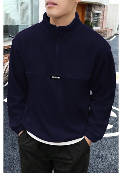 Erkek Oversize Regular Dik Yaka Yarım Fermuarlı Polar Sweatshirt