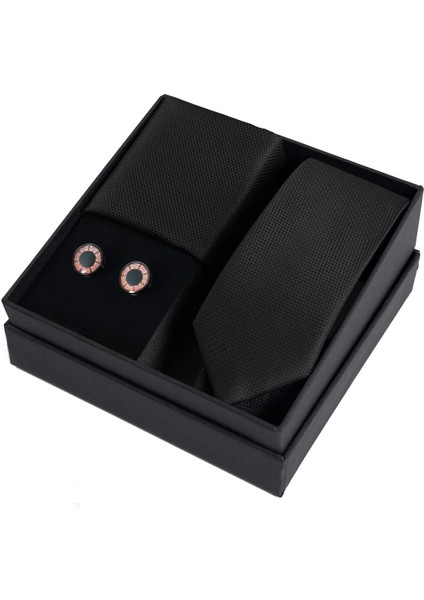 Siyah-Bakır Kol Düğmesi Hand Made 6 cm Slim Kravat Mendil Kutulu Hediye Seti