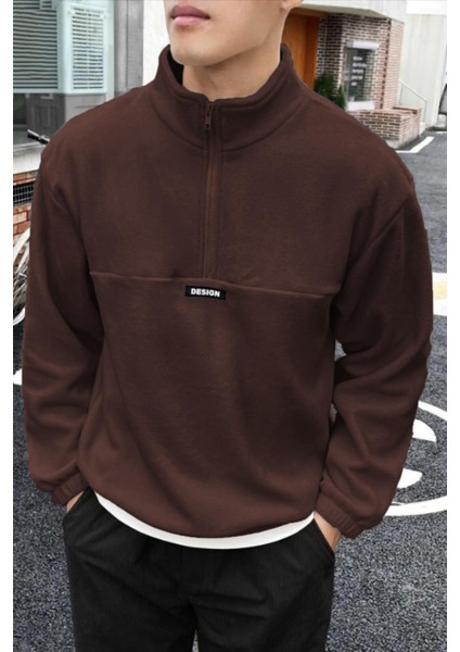 Erkek Oversize Regular Dik Yaka Yarım Fermuarlı Polar Sweatshirt