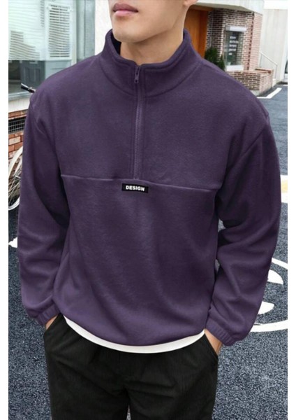 Erkek Oversize Regular Dik Yaka Yarım Fermuarlı Polar Sweatshirt
