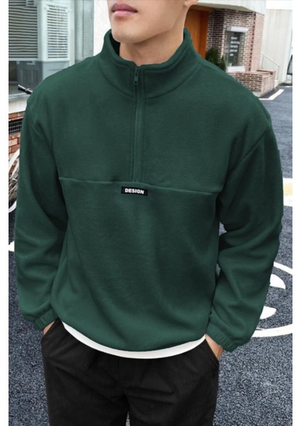 Erkek Oversize Regular Dik Yaka Yarım Fermuarlı Polar Sweatshirt