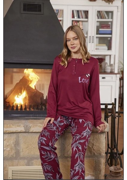 10128 Poplin Love Bordo Kadın Pijama Takımı