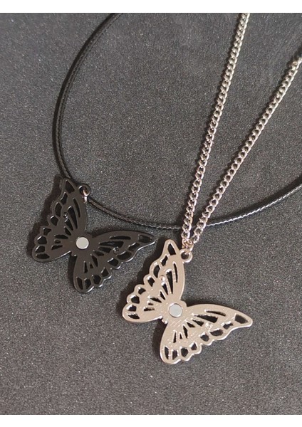 Antik Paslanmaz Çelik 2'li Kelebek Butterfly Mıknatıslı Kolye Seti