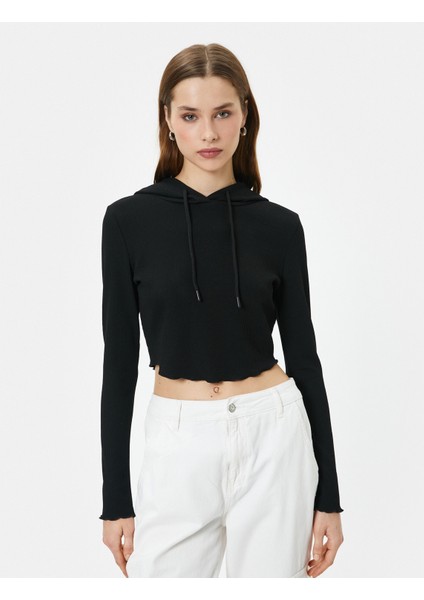 Kapüşonlu Tişört Baskılı Crop Uzun Kollu modelleri