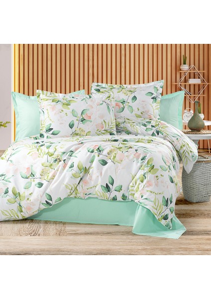 %100 Pamuklu (Çarşafsız) Yeşil Çiçek Desenli Çift Kişilik Nevresim Seti