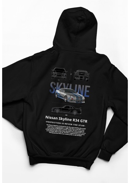 Unisex Oversize Nissan Skyline Ön Ve Sırt Baskılı Siyah Sweatshirt