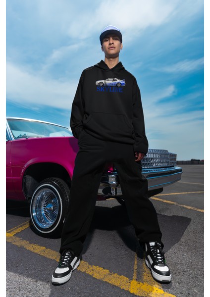 Unisex Oversize Nissan Skyline Ön Ve Sırt Baskılı Siyah Sweatshirt