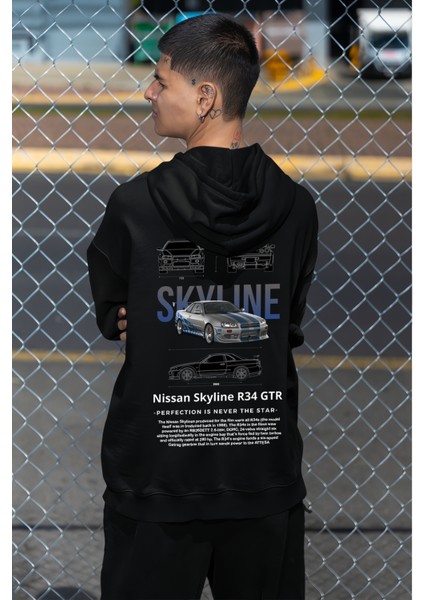 Unisex Oversize Nissan Skyline Ön Ve Sırt Baskılı Siyah Sweatshirt