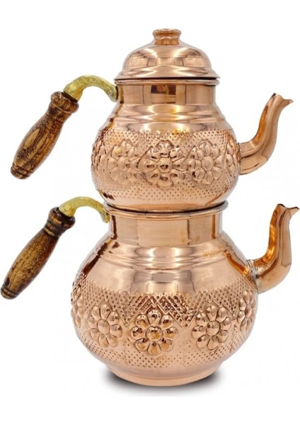 Bakır Çaydanlık Takımı Büyük Ahşap Saplı