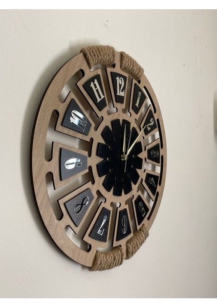 Lazer Kesim Plexsi Harfler Hasır Halat Tasarımlı Dekoratif Duvar Saati 40X40