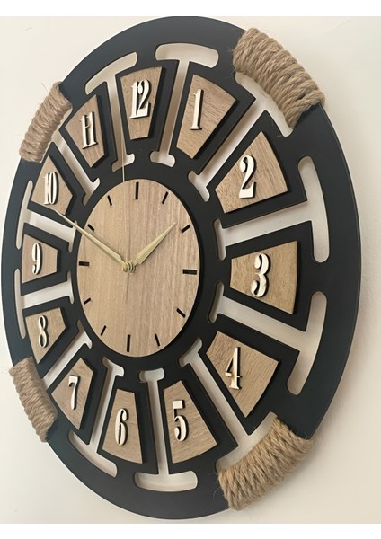 Lazer Kesim Dekoratif Ahşap Hasır Detaylı Askılı Sesiz Akar Duvar Saati 40X40