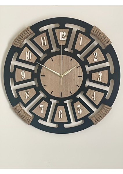 Lazer Kesim Dekoratif Ahşap Hasır Detaylı Askılı Sesiz Akar Duvar Saati 40X40