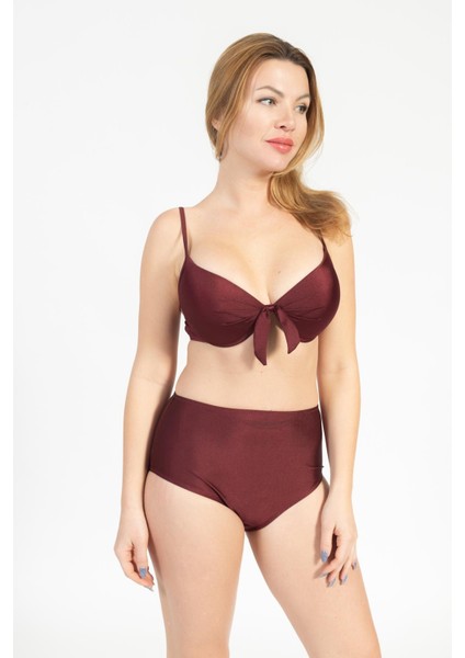 Kadın 718 Yüksel Bel Kaplı Bikini Takımı Bordo