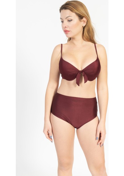 Kadın 718 Yüksel Bel Kaplı Bikini Takımı Bordo