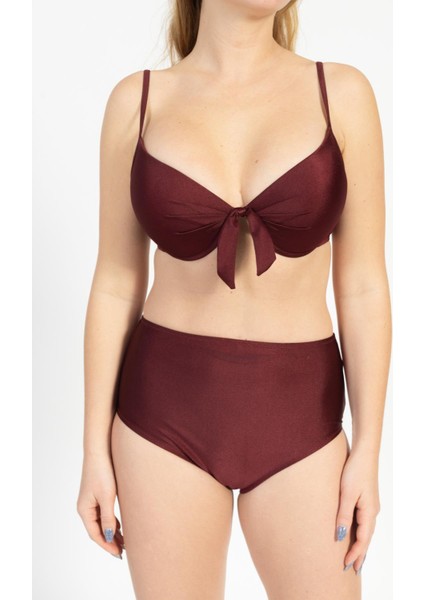 Kadın 718 Yüksel Bel Kaplı Bikini Takımı Bordo
