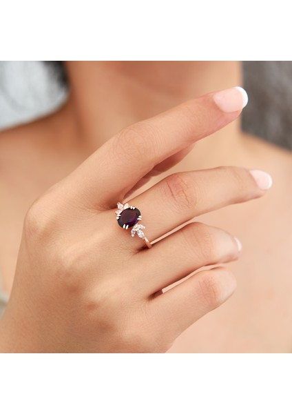 925 Ayar Rose Kaplama Ametist Taşlı Gümüş Yüzük fiyatları