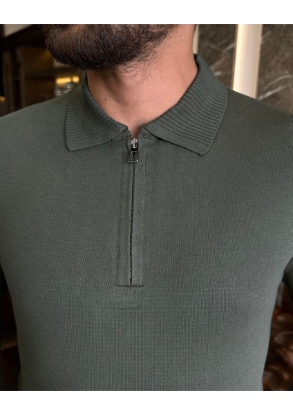 Italyan Stil Slim Fit Fermuar Yaka Triko Erkek Kazak Haki T10208 fiyatları