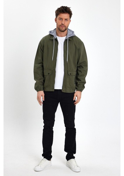 Unisex Trenddenim Jean Rahat Fermuarlı Kapşonlu Kot Ceket Haki fırsatları