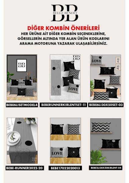 Çift Tarafı 3D Dijital Baskılı 4'lü Yastık Kılıfı Kırlent Kılıfı ve Amerikan Servis Runner Set