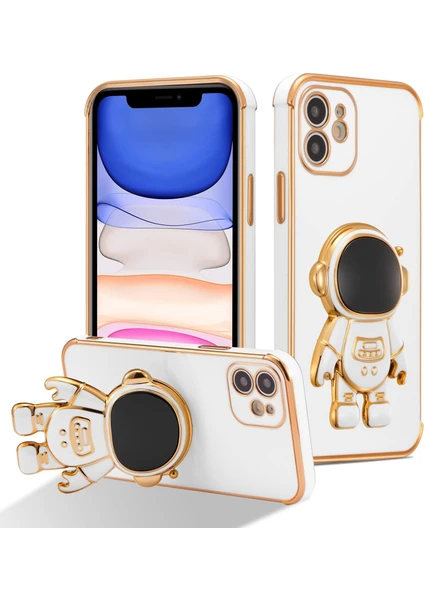 MTK Moveteck Apple Iphone 12 Kılıf Astronot Standlı Sevimli Ayıcık Parlak Altın Gold Kenarlı Tam Korumalı Figürlü 3 Boyutlu Desenli Yumuşak Silikon Kapak