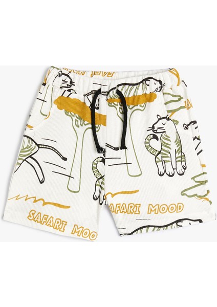 Şort Safari Baskılı Cepli Beli Bağlamalı Pamuklu
