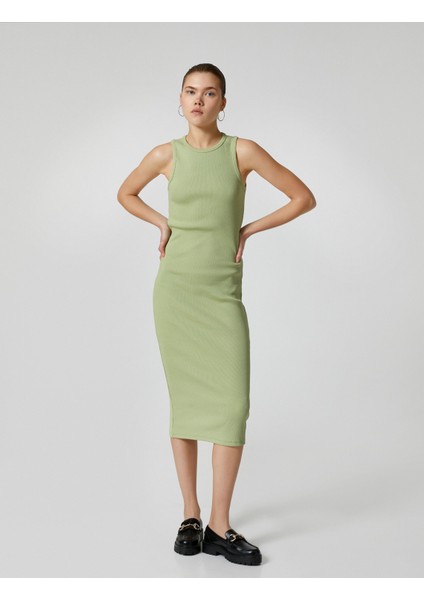 Kalem Elbise Midi Kolsuz Yuvarlak Yaka Pamuklu Slim Fit