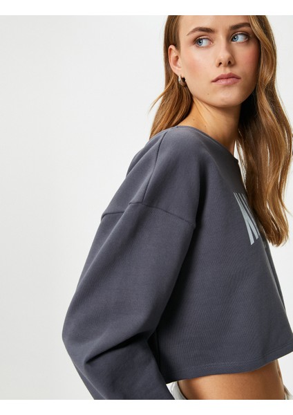 Crop Sweatshirt Baskılı Uzun Kollu Pamuklu