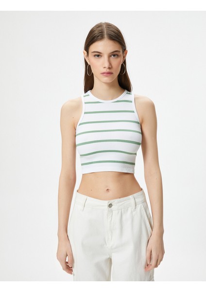 Crop Atlet Bisiklet Yaka Kolsuz Slim Fit Ribanalı modelleri