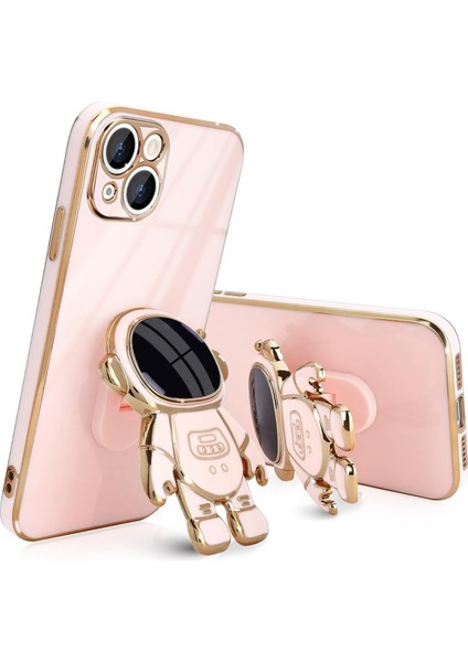 Apple Iphone 14 Kılıf Astronot Standlı Ayıcık Parlak Altın Gold Kenarlı