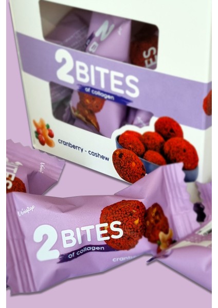 UNIQ2GO 2 Bites Kaju ve Kızılcık Parçacıklı Kolajen-Protein Topları (10 Adet x 16 Gr)