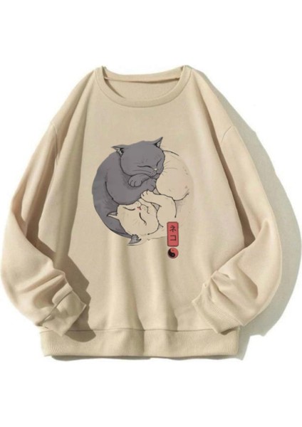 Unisex Ying Yang Kedi Baskılı Oversize Sweatshirt