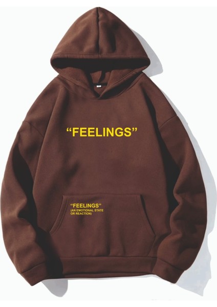 Unisex Feelings Baskılı Üç Iplikli Kapüşonlu Sweatshirt