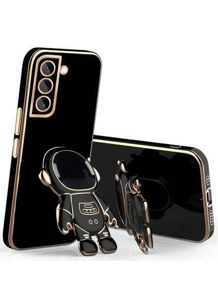 MTK Moveteck Samsung Galaxy M14 Kılıf Astronot Standlı Ayıcık Parlak Altın Gold Kenarlı