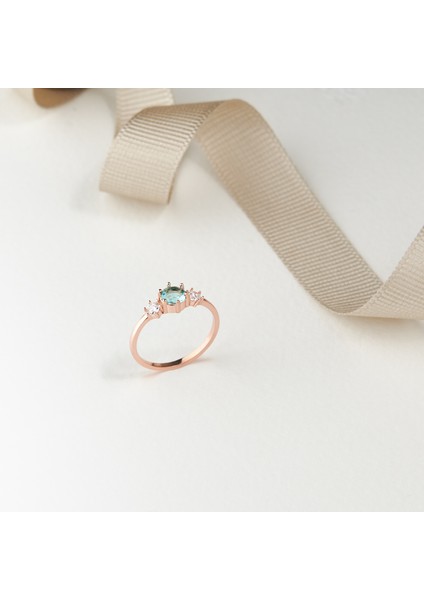 925 Ayar Rose Kaplama Aquamarin Taşlı Gümüş Yüzük