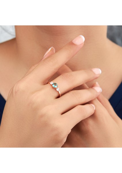 925 Ayar Rose Kaplama Aquamarin Taşlı Gümüş Yüzük fiyatları