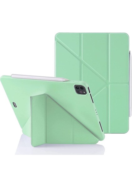 Apple iPad Pro 12.9 5.nesil 2021 M1 Çipli Kılıf Yatay ve Dikey Standlı Uyku Modlu Arka Soft Yumuşak Silikon Trifold Tablet Kılıfı (Model A2378,A2461,A2379)
