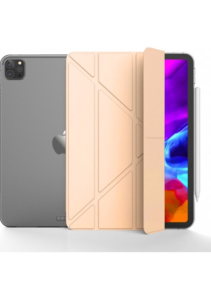 Apple iPad Pro 12.9 5.nesil 2021 M1 Çipli Kılıf Yatay ve Dikey Standlı Uyku Modlu Arka Sert Pc Trifold Tablet Kılıfı (Model A2378,A2461,A2379)