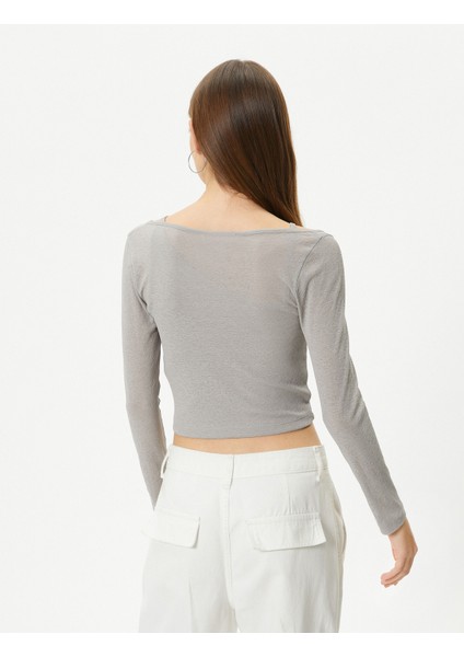 Omzu Açık Crop Tişört Çift Asimetrik Yaka Uzun Kollu Slim Fit