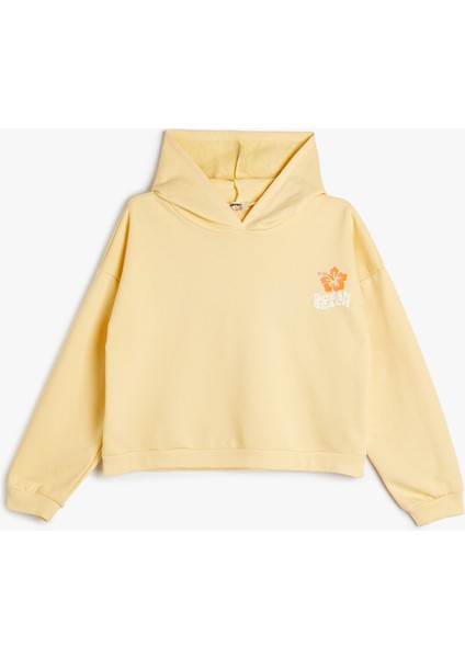 Kapşonlu Crop Sweatshirt Uzun Kollu Baskı Detaylı