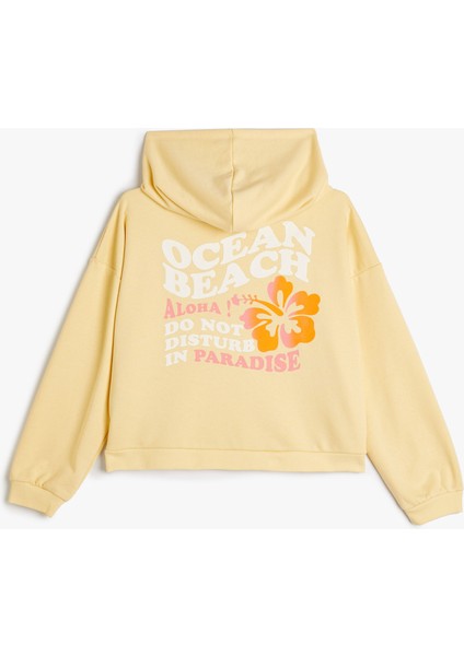 Kapşonlu Crop Sweatshirt Uzun Kollu Baskı Detaylı