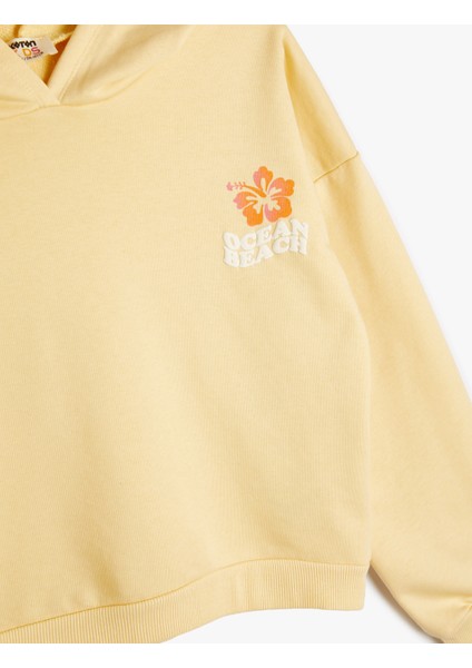 Kapşonlu Crop Sweatshirt Uzun Kollu Baskı Detaylı